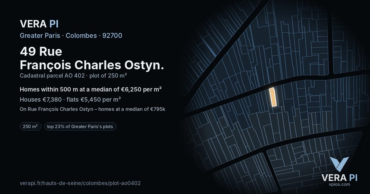 49 Rue François Charles Ostyn, Colombes at night – the plot lit, the parcels around coloured by the prices near them