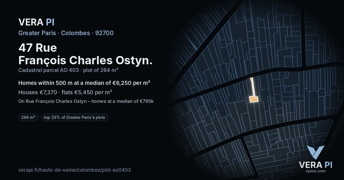 47 Rue François Charles Ostyn, Colombes at night – the plot lit, the parcels around coloured by the prices near them