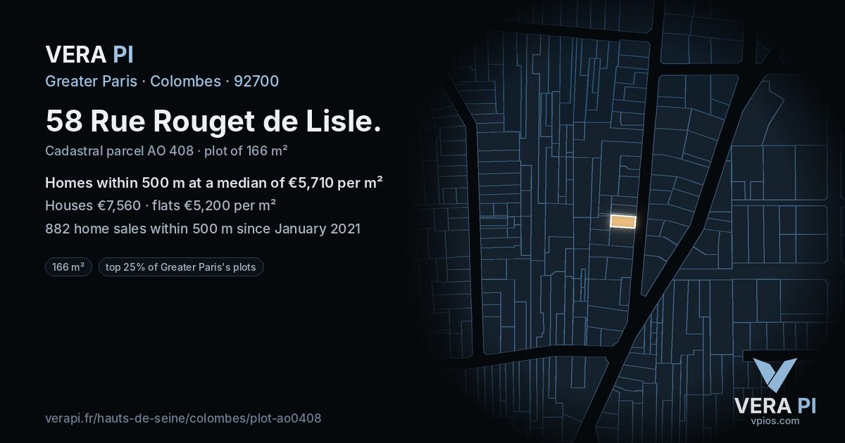 58 Rue Rouget de Lisle, Colombes at night – the plot lit, the parcels around coloured by the prices near them