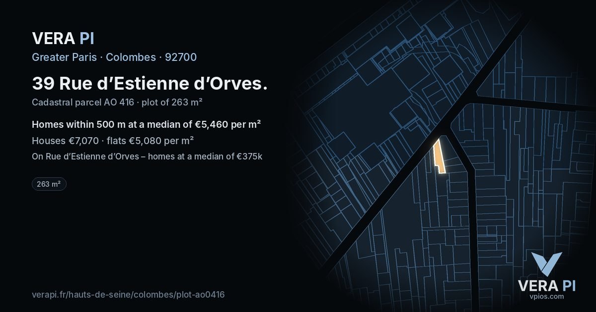 39 Rue d’Estienne d’Orves, Colombes at night – the plot lit, the parcels around coloured by the prices near them