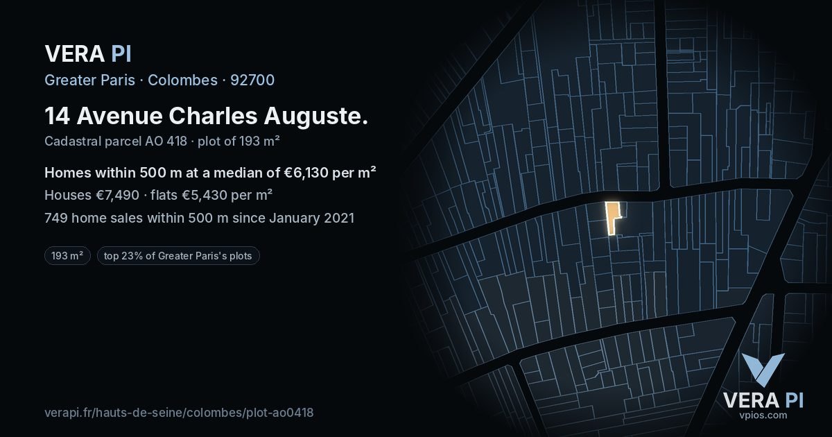 14 Avenue Charles Auguste, Colombes at night – the plot lit, the parcels around coloured by the prices near them