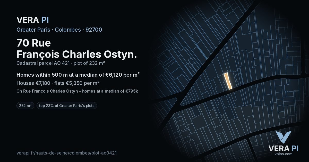 70 Rue François Charles Ostyn, Colombes at night – the plot lit, the parcels around coloured by the prices near them
