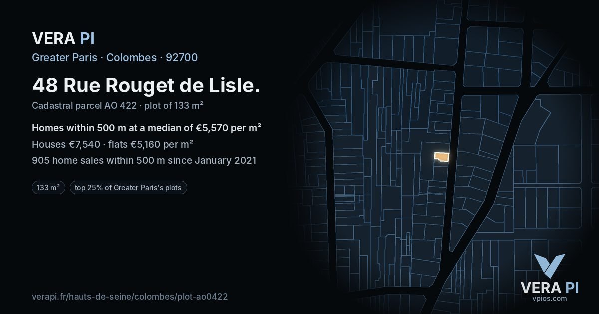 48 Rue Rouget de Lisle, Colombes at night – the plot lit, the parcels around coloured by the prices near them