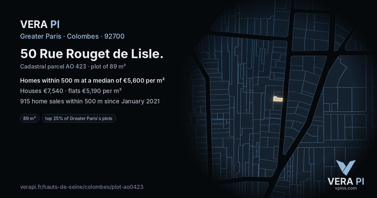 50 Rue Rouget de Lisle, Colombes at night – the plot lit, the parcels around coloured by the prices near them