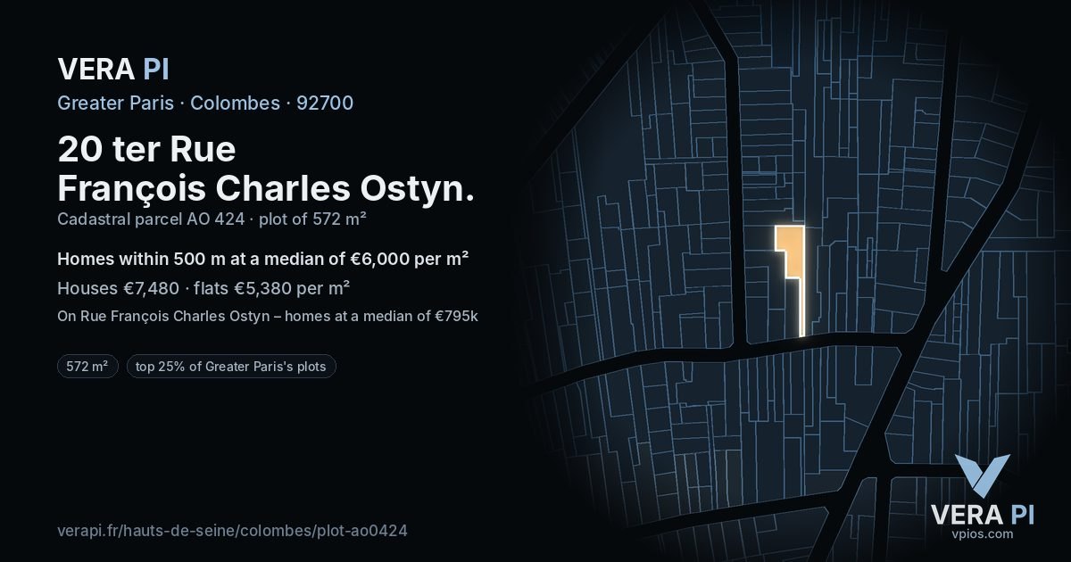 20 ter Rue François Charles Ostyn, Colombes at night – the plot lit, the parcels around coloured by the prices near them