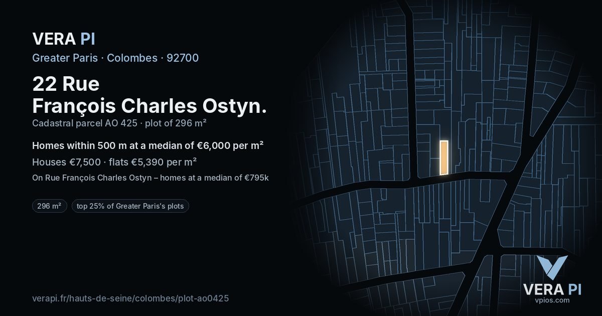 22 Rue François Charles Ostyn, Colombes at night – the plot lit, the parcels around coloured by the prices near them