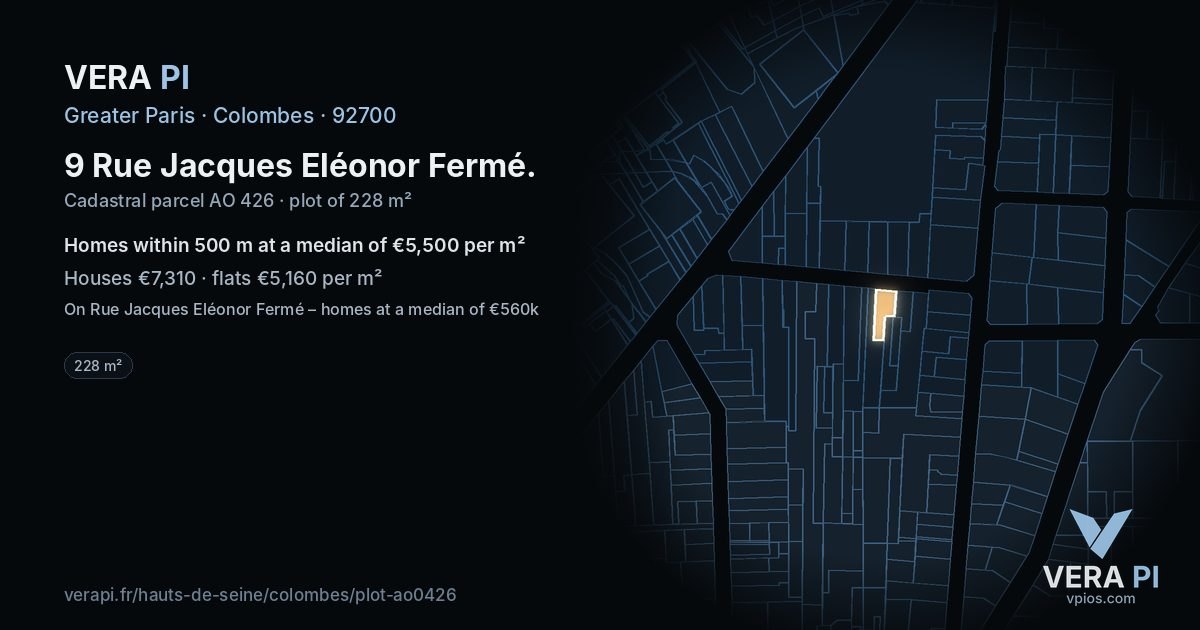 9 Rue Jacques Eléonor Fermé, Colombes at night – the plot lit, the parcels around coloured by the prices near them