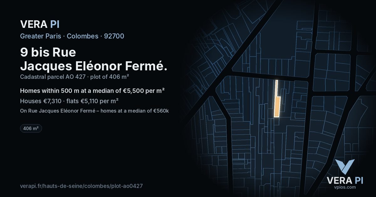 9 bis Rue Jacques Eléonor Fermé, Colombes at night – the plot lit, the parcels around coloured by the prices near them