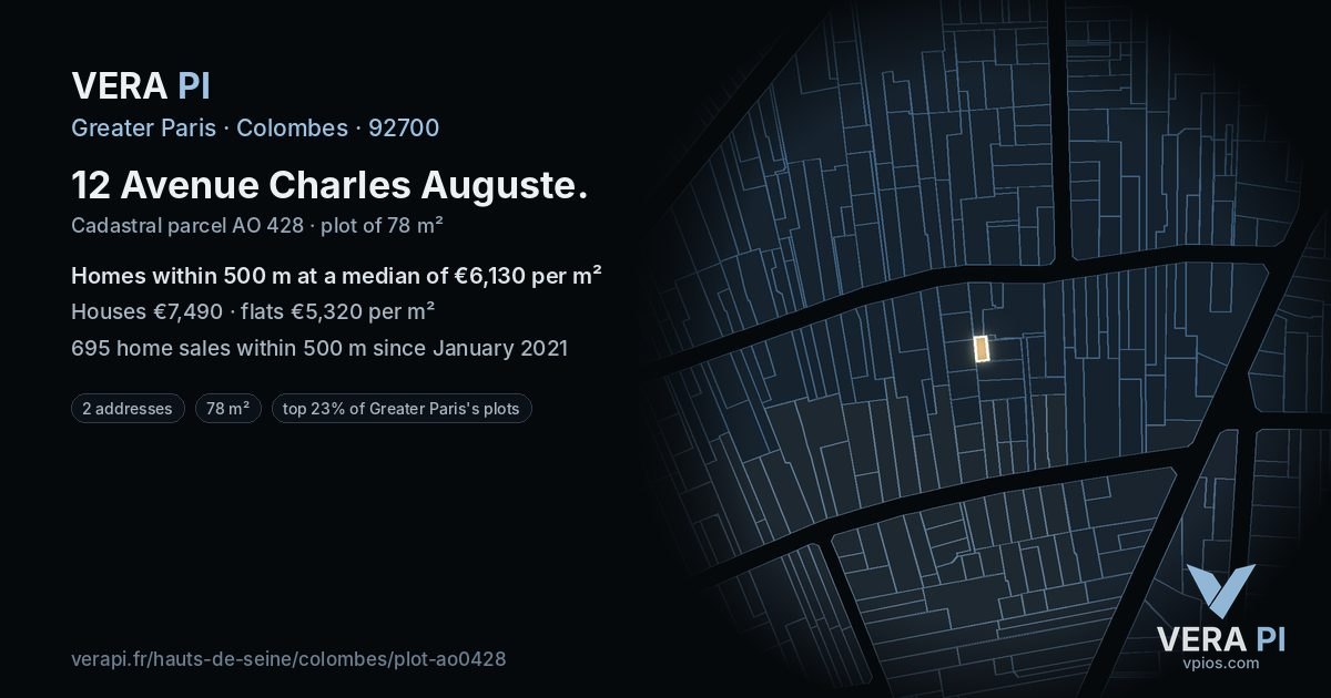 12 Avenue Charles Auguste, Colombes at night – the plot lit, the parcels around coloured by the prices near them