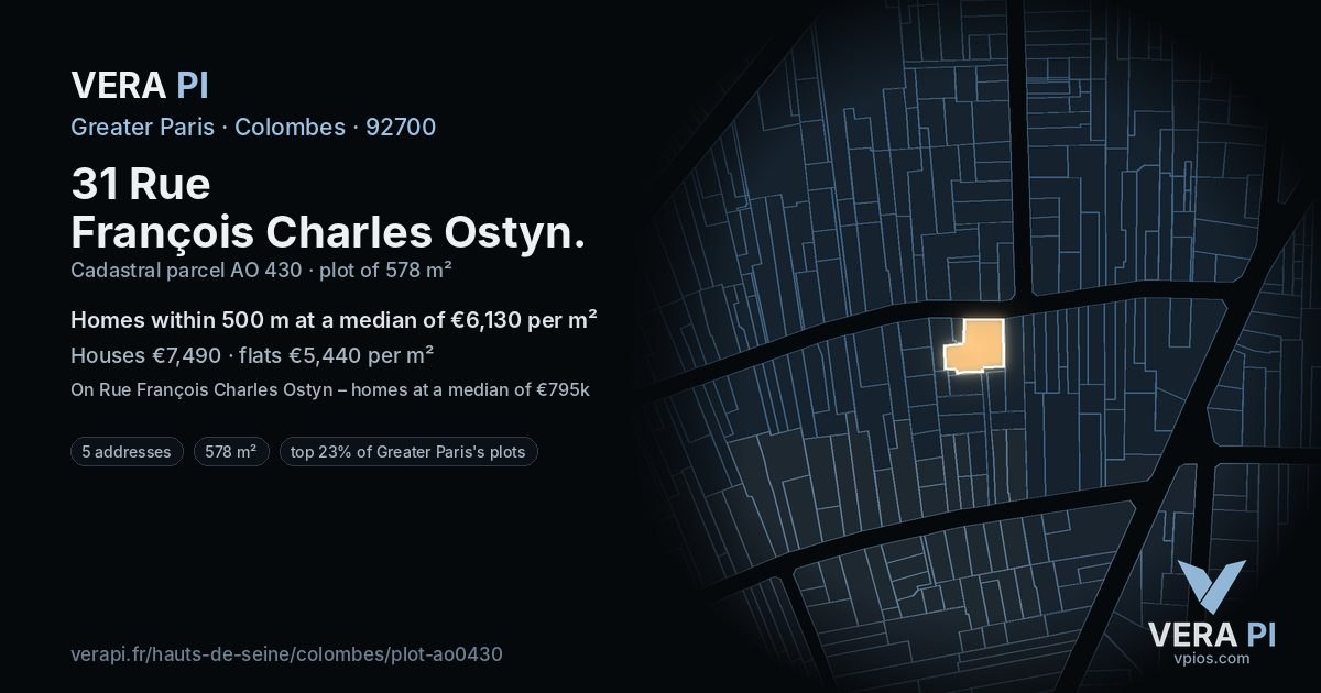 31 Rue François Charles Ostyn, Colombes at night – the plot lit, the parcels around coloured by the prices near them