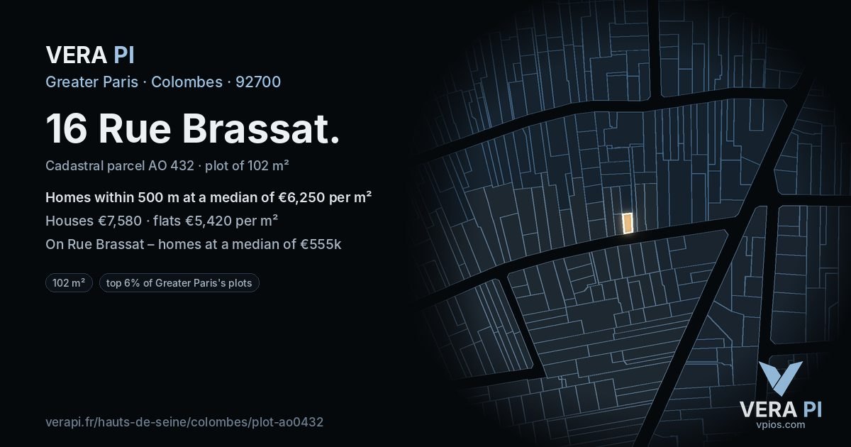 16 Rue Brassat, Colombes at night – the plot lit, the parcels around coloured by the prices near them