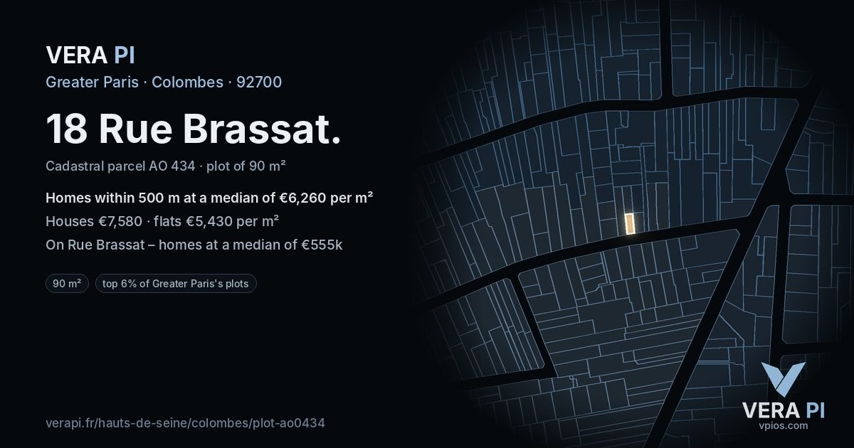 18 Rue Brassat, Colombes at night – the plot lit, the parcels around coloured by the prices near them