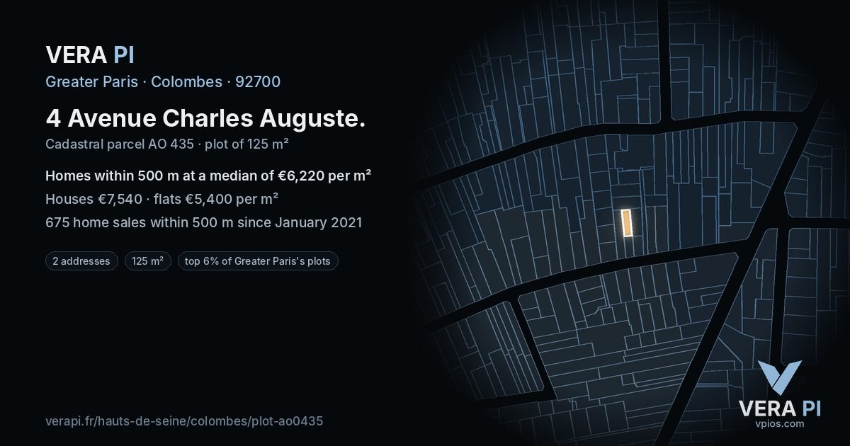 4 Avenue Charles Auguste, Colombes at night – the plot lit, the parcels around coloured by the prices near them