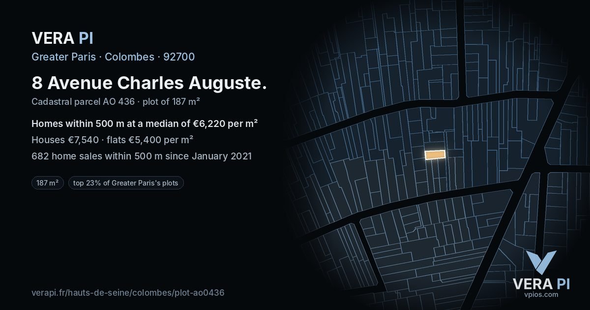 8 Avenue Charles Auguste, Colombes at night – the plot lit, the parcels around coloured by the prices near them
