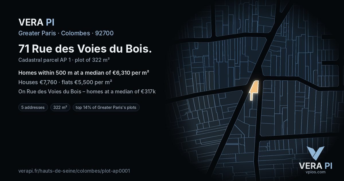 71 Rue des Voies du Bois, Colombes at night – the plot lit, the parcels around coloured by the prices near them