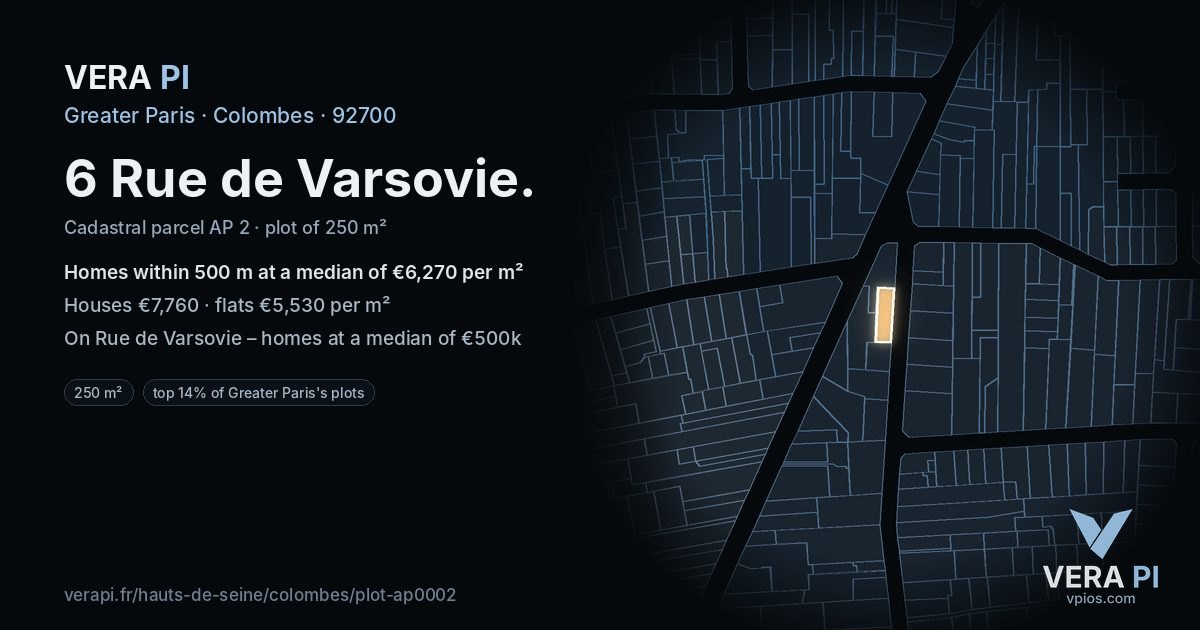 6 Rue de Varsovie, Colombes at night – the plot lit, the parcels around coloured by the prices near them