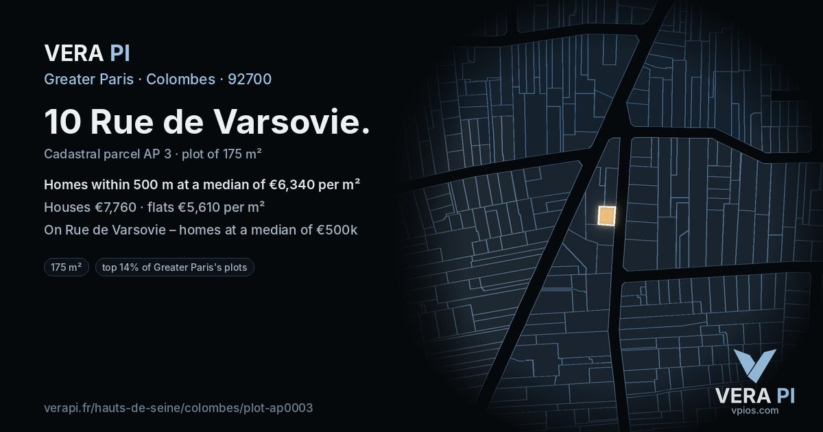 10 Rue de Varsovie, Colombes at night – the plot lit, the parcels around coloured by the prices near them