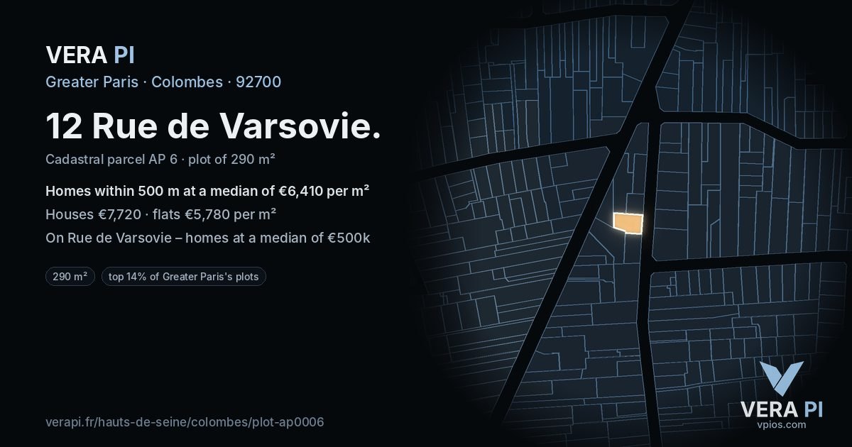 12 Rue de Varsovie, Colombes at night – the plot lit, the parcels around coloured by the prices near them