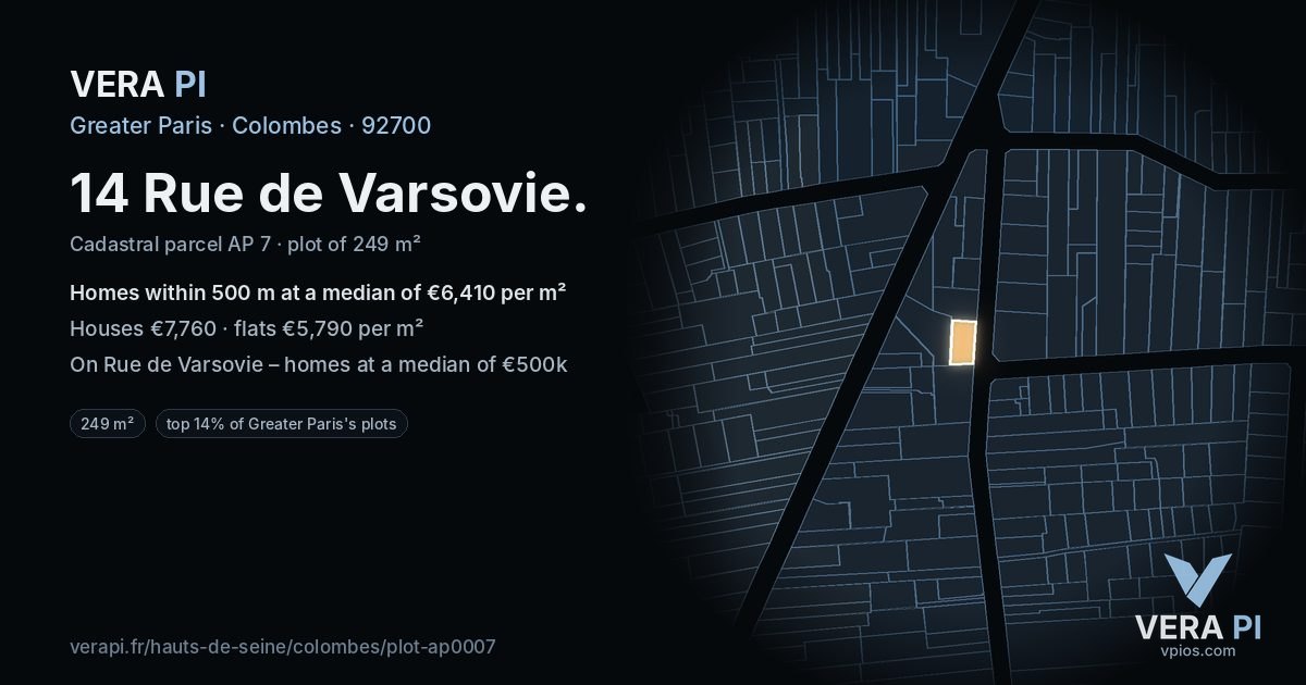 14 Rue de Varsovie, Colombes at night – the plot lit, the parcels around coloured by the prices near them