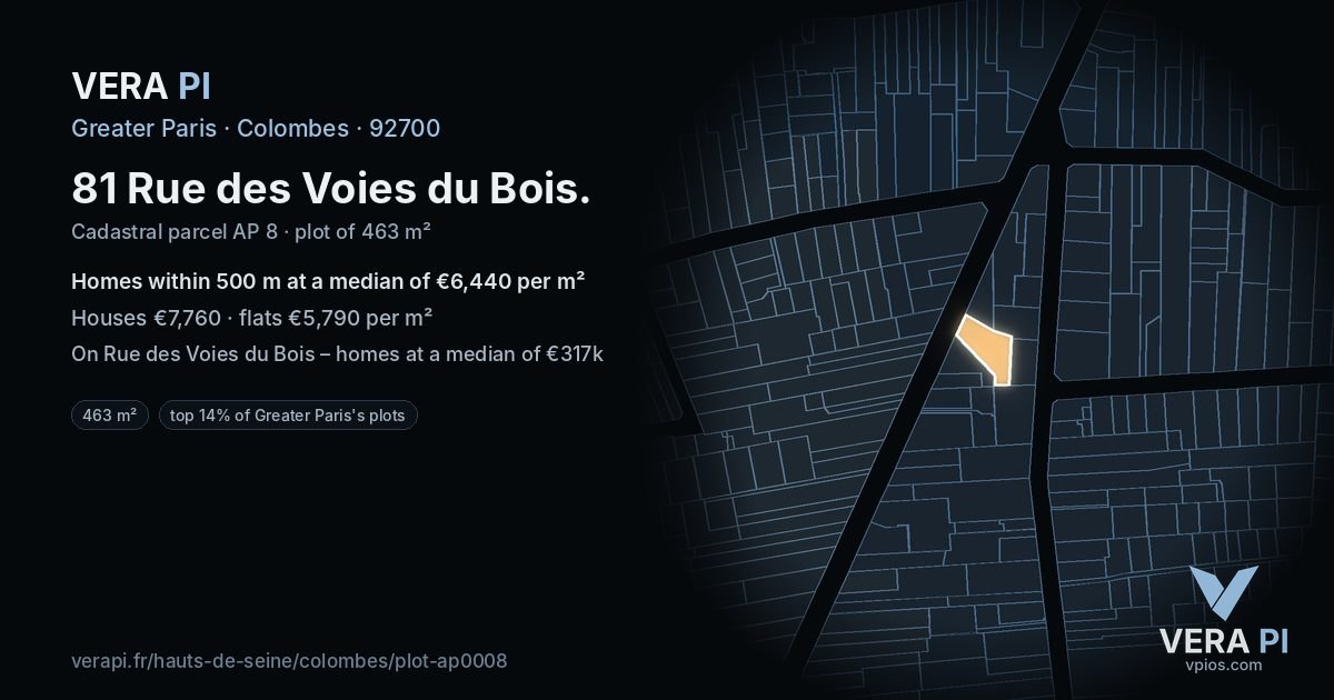 81 Rue des Voies du Bois, Colombes at night – the plot lit, the parcels around coloured by the prices near them