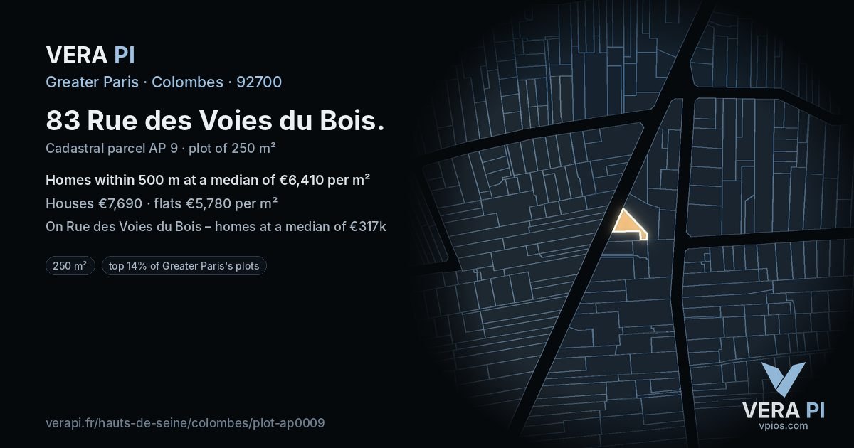 83 Rue des Voies du Bois, Colombes at night – the plot lit, the parcels around coloured by the prices near them