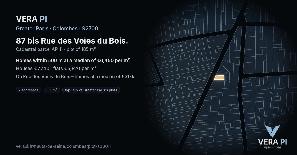87 bis Rue des Voies du Bois, Colombes at night – the plot lit, the parcels around coloured by the prices near them