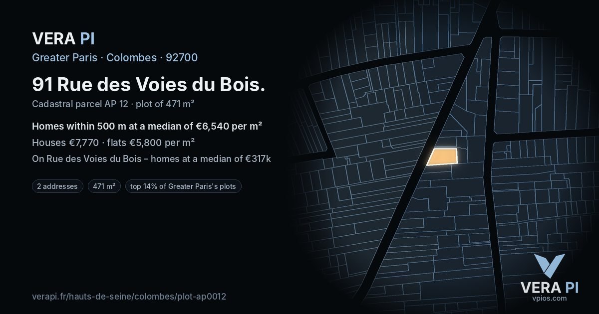 91 Rue des Voies du Bois, Colombes at night – the plot lit, the parcels around coloured by the prices near them