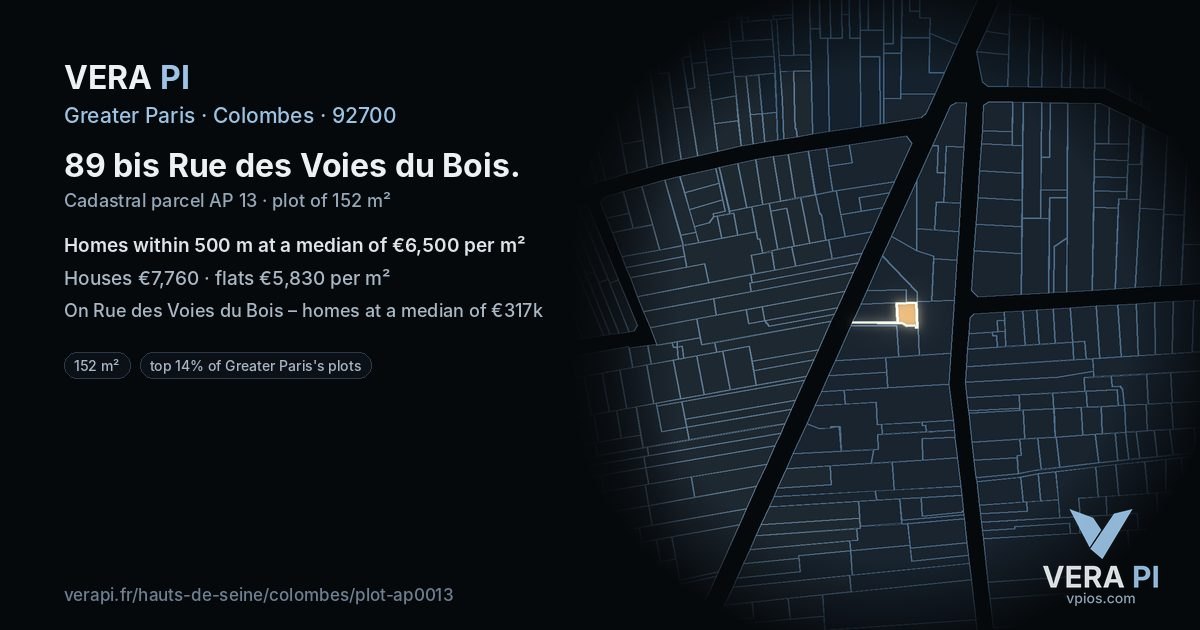 89 bis Rue des Voies du Bois, Colombes at night – the plot lit, the parcels around coloured by the prices near them