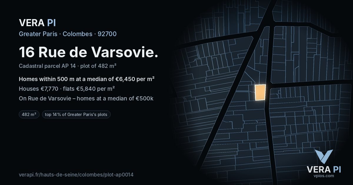 16 Rue de Varsovie, Colombes at night – the plot lit, the parcels around coloured by the prices near them