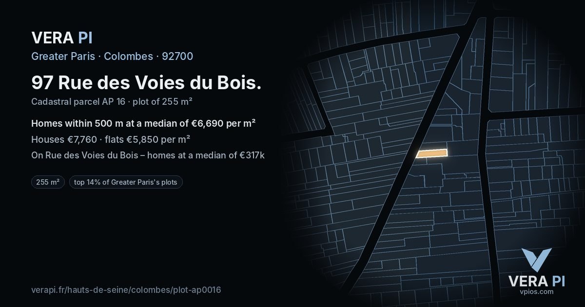 97 Rue des Voies du Bois, Colombes at night – the plot lit, the parcels around coloured by the prices near them