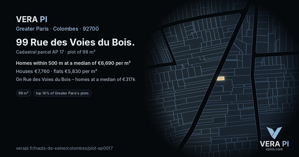 99 Rue des Voies du Bois, Colombes at night – the plot lit, the parcels around coloured by the prices near them
