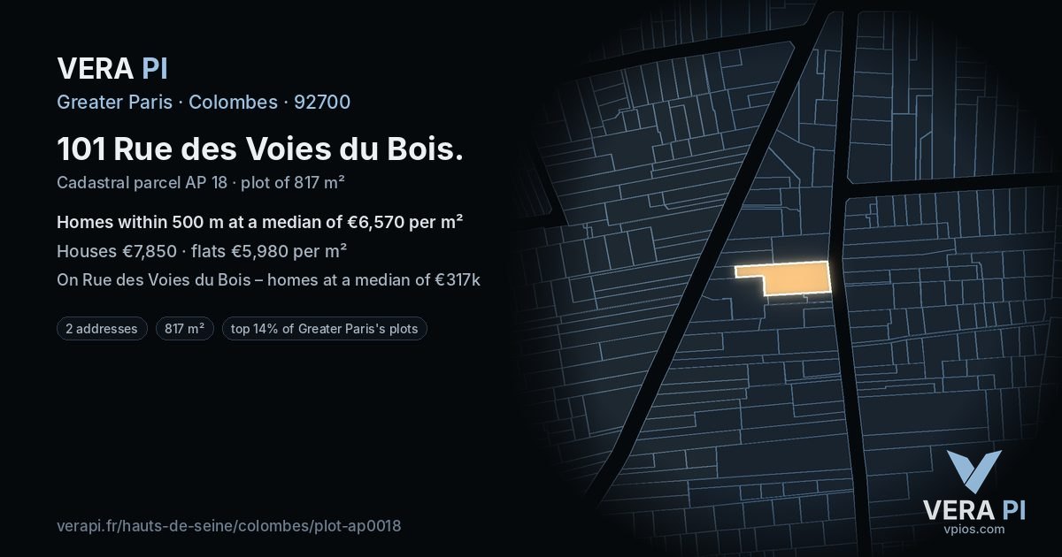 101 Rue des Voies du Bois, Colombes at night – the plot lit, the parcels around coloured by the prices near them