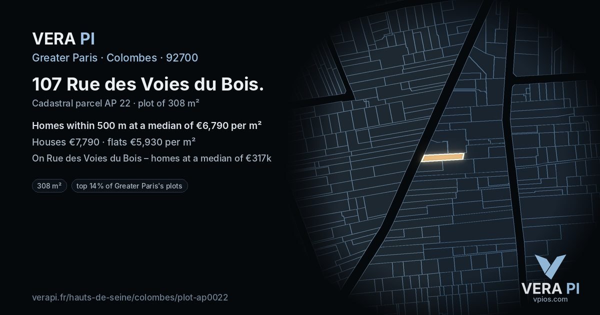 107 Rue des Voies du Bois, Colombes at night – the plot lit, the parcels around coloured by the prices near them