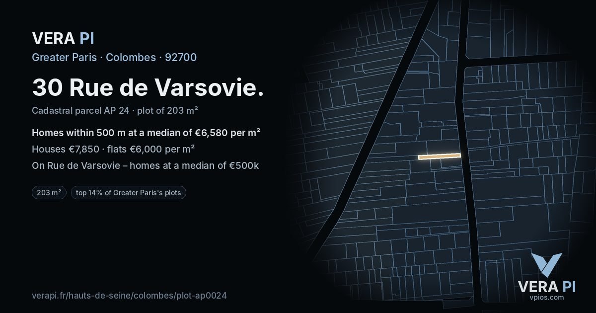 30 Rue de Varsovie, Colombes at night – the plot lit, the parcels around coloured by the prices near them