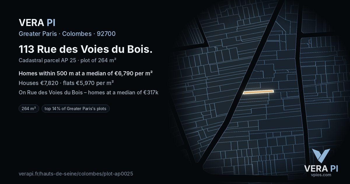 113 Rue des Voies du Bois, Colombes at night – the plot lit, the parcels around coloured by the prices near them