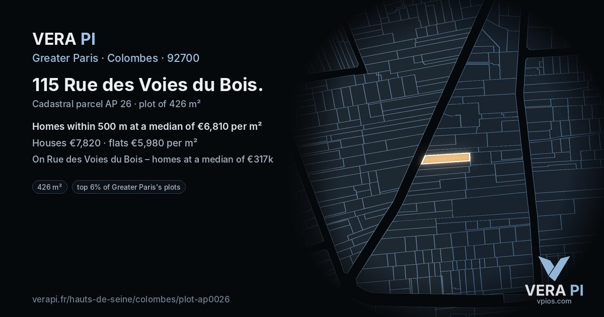115 Rue des Voies du Bois, Colombes at night – the plot lit, the parcels around coloured by the prices near them