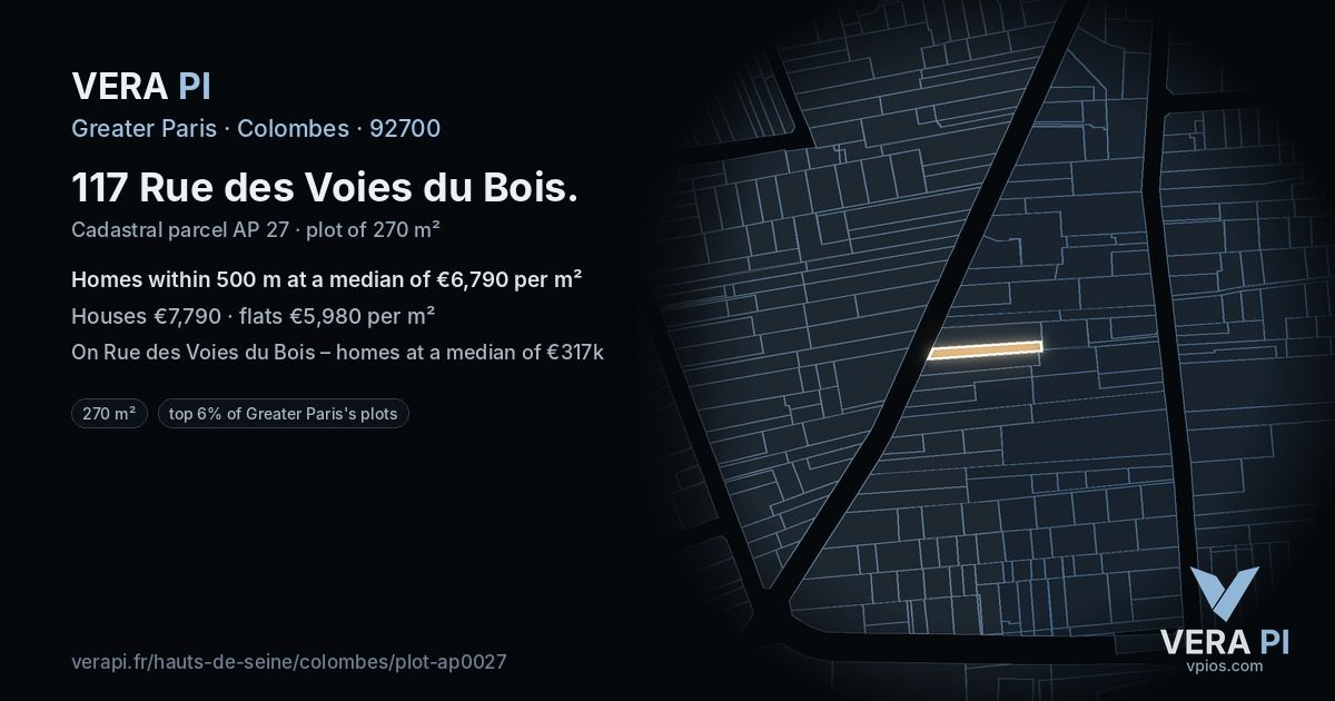 117 Rue des Voies du Bois, Colombes at night – the plot lit, the parcels around coloured by the prices near them