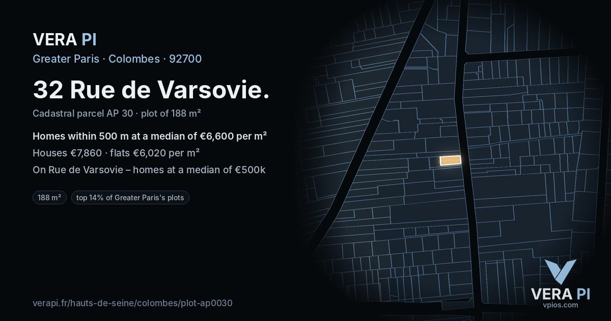 32 Rue de Varsovie, Colombes at night – the plot lit, the parcels around coloured by the prices near them