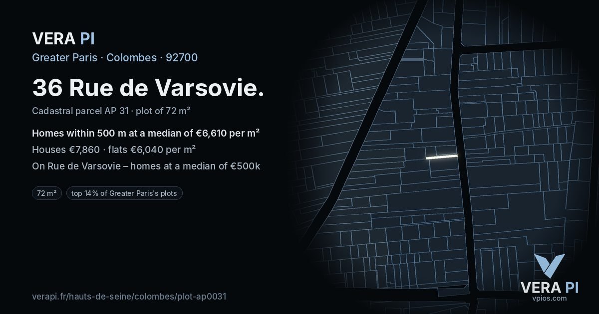 36 Rue de Varsovie, Colombes at night – the plot lit, the parcels around coloured by the prices near them