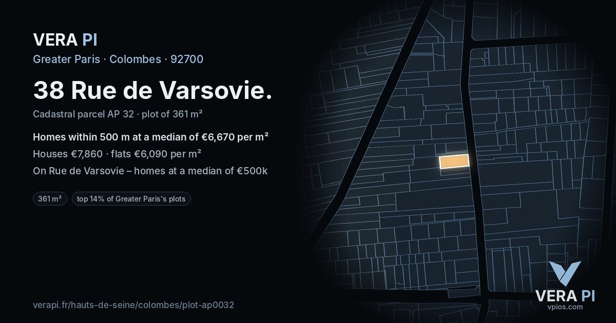 38 Rue de Varsovie, Colombes at night – the plot lit, the parcels around coloured by the prices near them