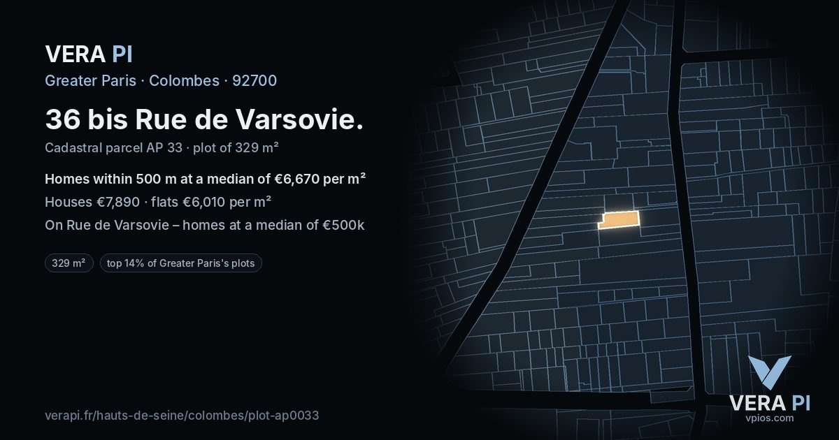 36 bis Rue de Varsovie, Colombes at night – the plot lit, the parcels around coloured by the prices near them