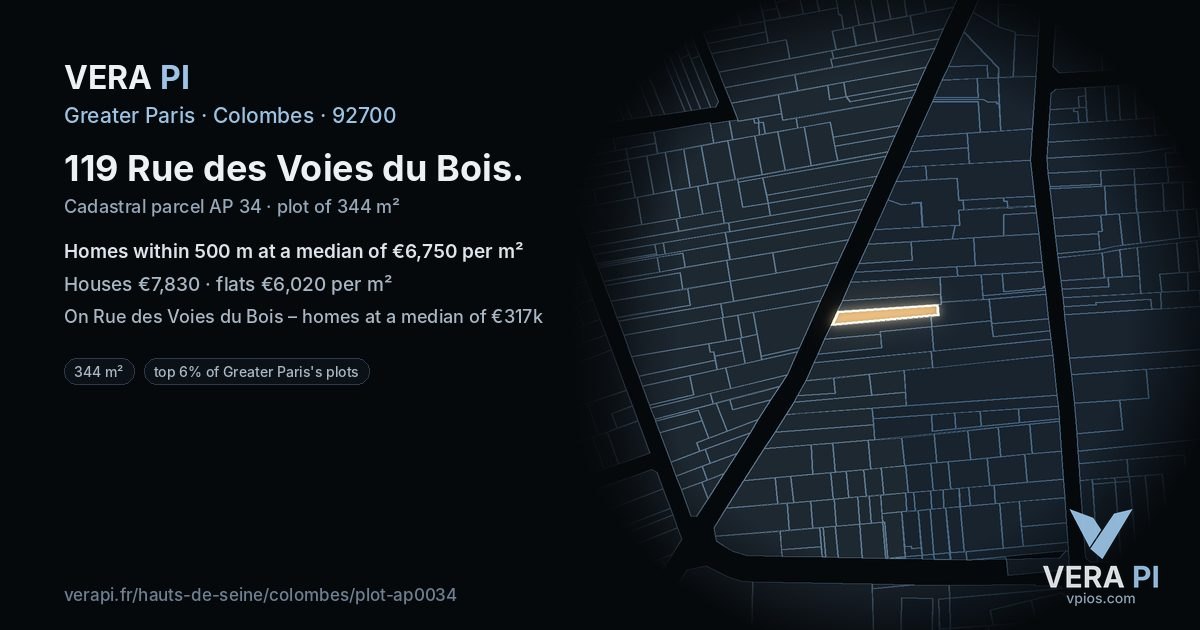 119 Rue des Voies du Bois, Colombes at night – the plot lit, the parcels around coloured by the prices near them