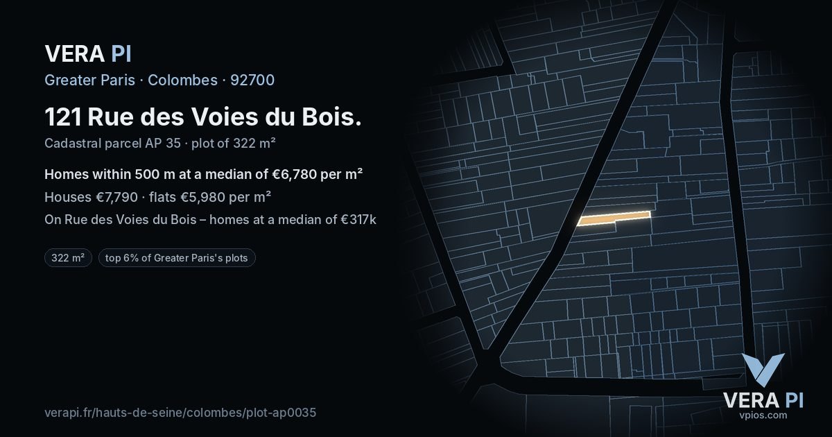 121 Rue des Voies du Bois, Colombes at night – the plot lit, the parcels around coloured by the prices near them