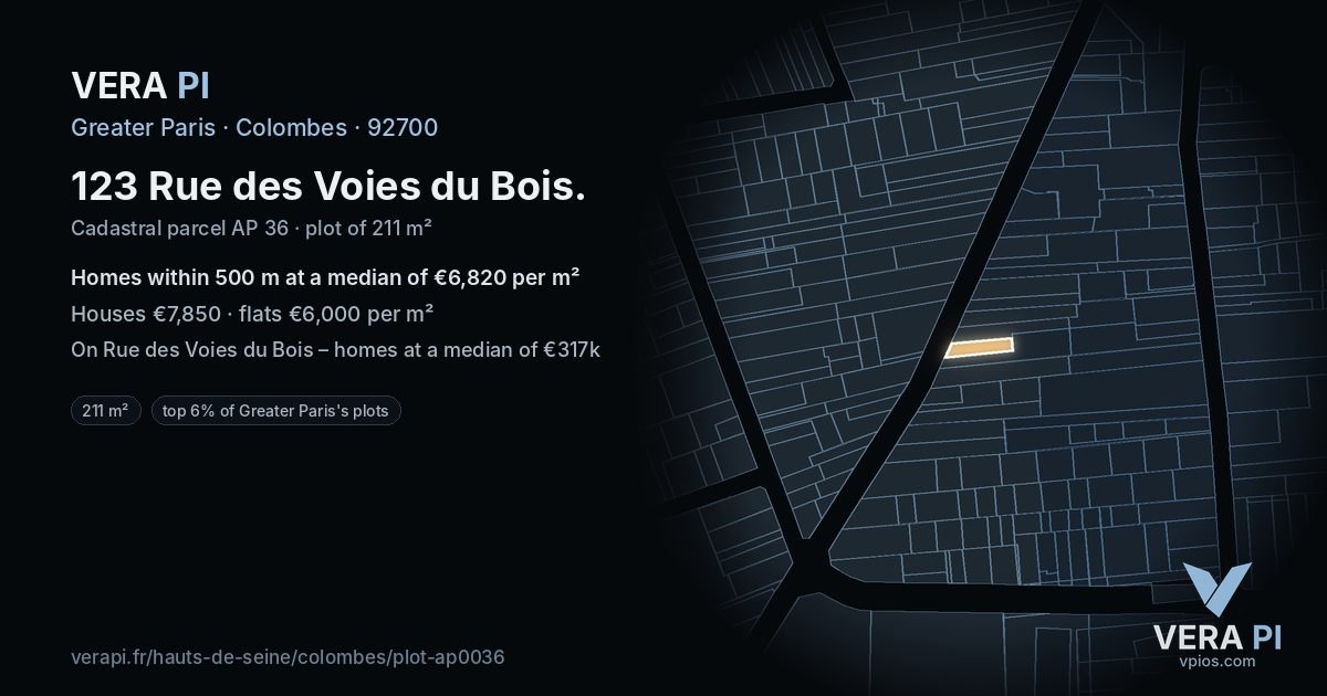 123 Rue des Voies du Bois, Colombes at night – the plot lit, the parcels around coloured by the prices near them