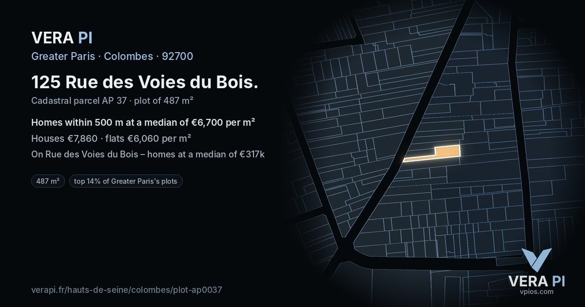 125 Rue des Voies du Bois, Colombes at night – the plot lit, the parcels around coloured by the prices near them