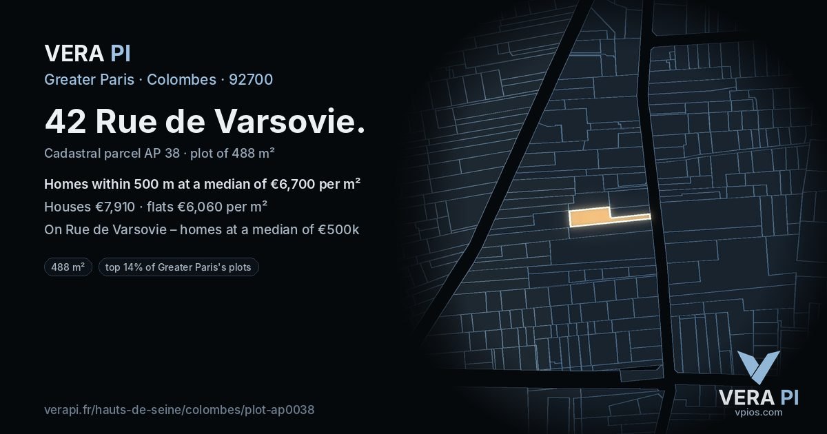 42 Rue de Varsovie, Colombes at night – the plot lit, the parcels around coloured by the prices near them