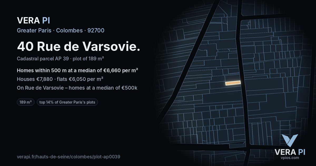 40 Rue de Varsovie, Colombes at night – the plot lit, the parcels around coloured by the prices near them
