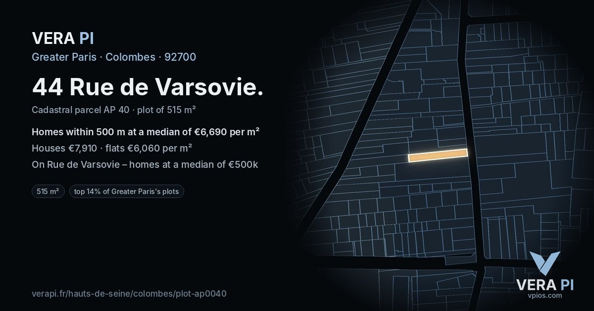44 Rue de Varsovie, Colombes at night – the plot lit, the parcels around coloured by the prices near them