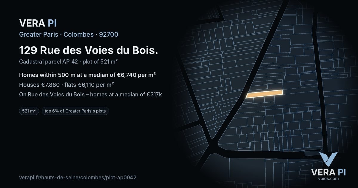 129 Rue des Voies du Bois, Colombes at night – the plot lit, the parcels around coloured by the prices near them