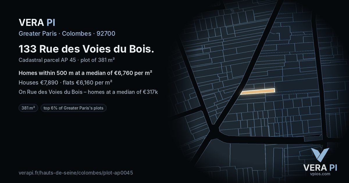 133 Rue des Voies du Bois, Colombes at night – the plot lit, the parcels around coloured by the prices near them